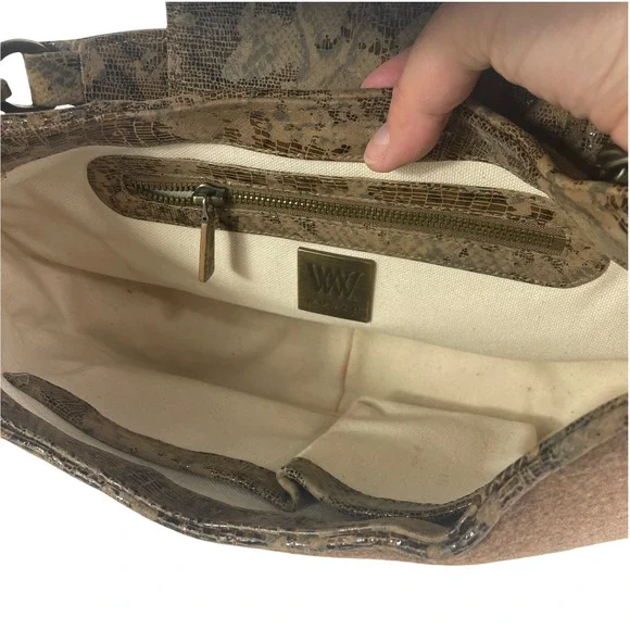 Worth Patent Leather Snakeskin Print Foldover Button Top Handle Fabric Wool Bag - Picture 5 of 12